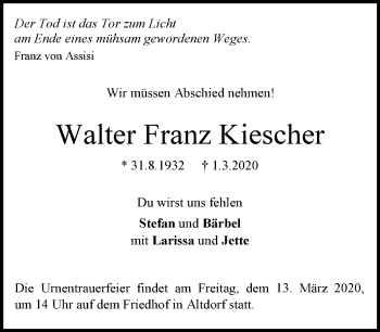 Traueranzeige von Walter Franz Kiescher von Kreiszeitung Böblinger Bote