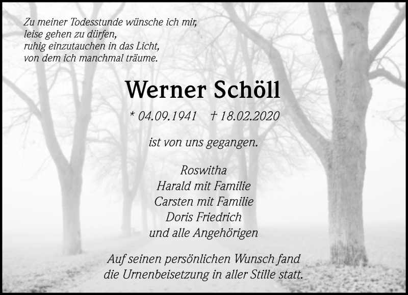  Traueranzeige für Werner Schöll vom 07.03.2020 aus Kreiszeitung Böblinger Bote