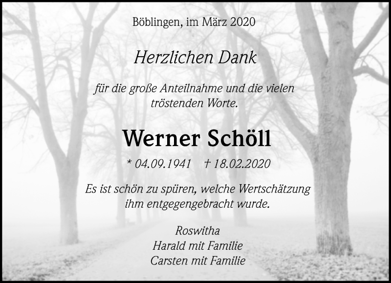  Traueranzeige für Werner Schöll vom 14.03.2020 aus Kreiszeitung Böblinger Bote