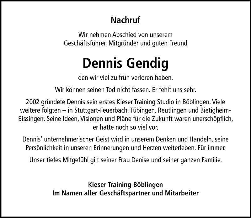  Traueranzeige für Dennis Gendig vom 30.04.2020 aus Kreiszeitung Böblinger Bote