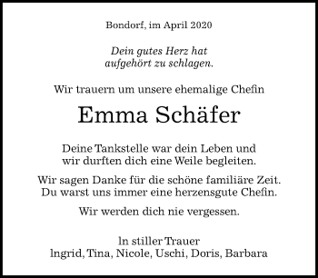 Traueranzeige von Emma Schäfer von Kreiszeitung Böblinger Bote