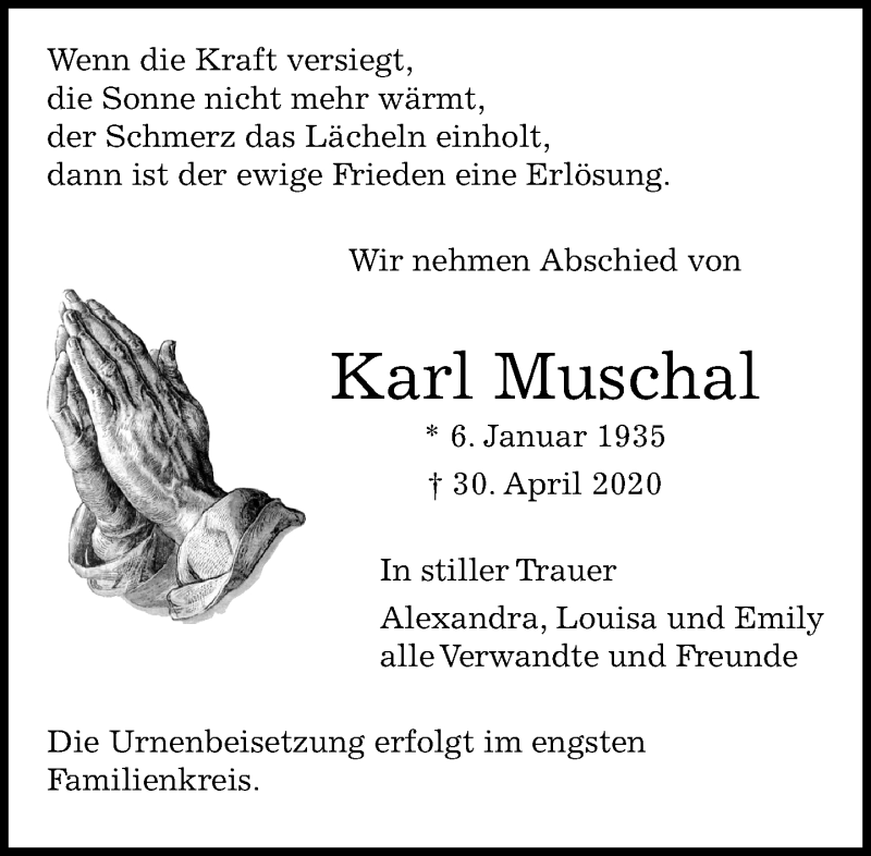  Traueranzeige für Karl Muschal vom 04.04.2020 aus Kreiszeitung Böblinger Bote