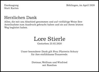 Traueranzeige von Lore Stierle von Kreiszeitung Böblinger Bote