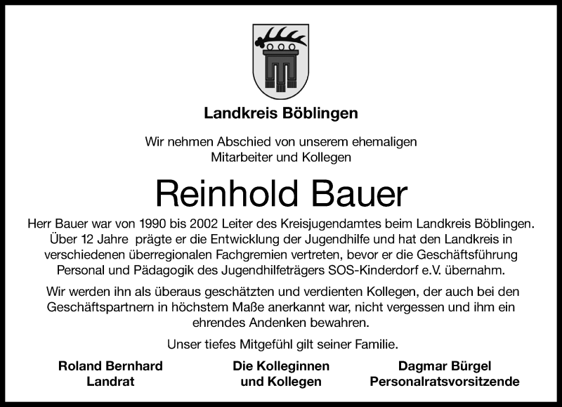  Traueranzeige für Reinhold Bauer vom 17.04.2020 aus Kreiszeitung Böblinger Bote
