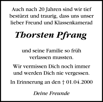 Traueranzeige von Thorsten Pfrang von Kreiszeitung Böblinger Bote