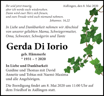 Traueranzeige von Gerda Di Iorio von Kreiszeitung Böblinger Bote