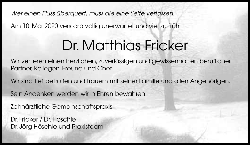  Traueranzeige für Matthias Fricker vom 15.05.2020 aus Kreiszeitung Böblinger Bote