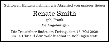 Traueranzeige von Renate Smith von Kreiszeitung Böblinger Bote