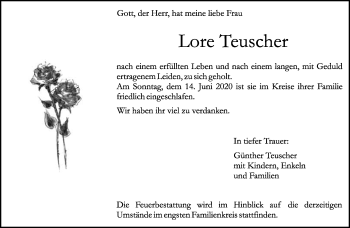 Traueranzeige von Lore Teuscher von Kreiszeitung Böblinger Bote