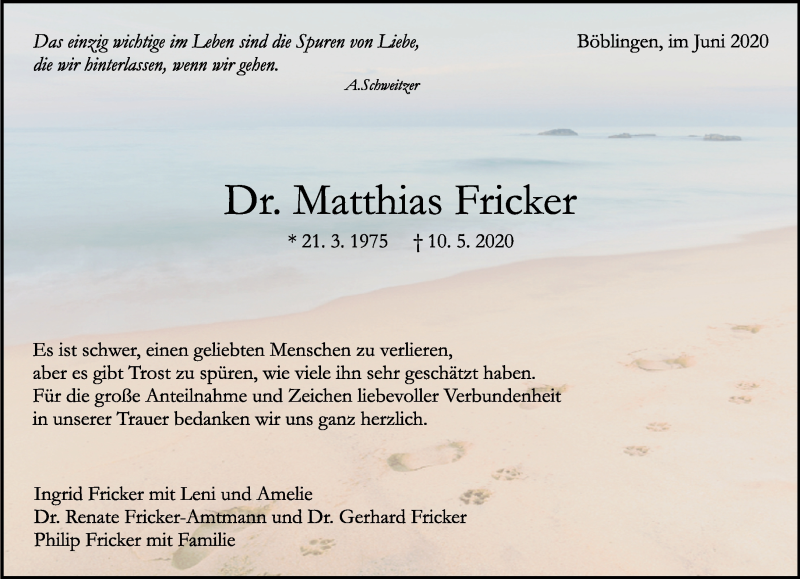  Traueranzeige für Matthias Fricker vom 05.06.2020 aus Kreiszeitung Böblinger Bote