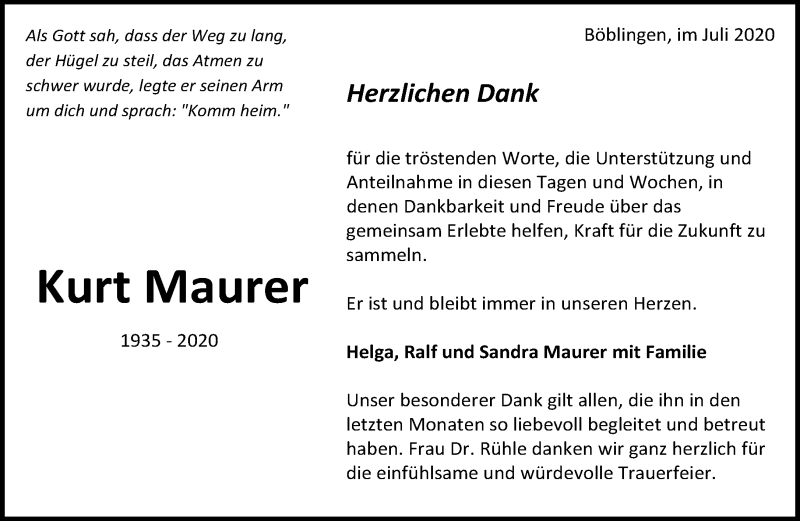  Traueranzeige für Kurt Maurer vom 31.07.2020 aus Kreiszeitung Böblinger Bote