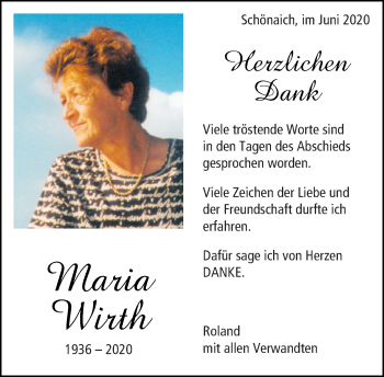 Traueranzeige von Maria Wirth von Kreiszeitung Böblinger Bote