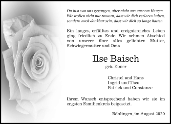 Traueranzeige von Ilse Baisch von Kreiszeitung Böblinger Bote