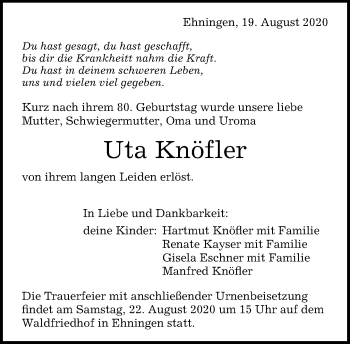 Traueranzeige von Uta Knöfler von Kreiszeitung Böblinger Bote