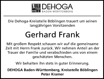Traueranzeige von Gerhard Frank von Kreiszeitung Böblinger Bote