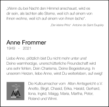 Traueranzeige von Anne Frommer von Kreiszeitung Böblinger Bote