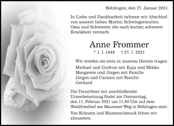 Traueranzeige von Anne Frommer von Kreiszeitung Böblinger Bote