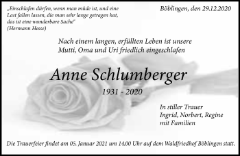 Traueranzeige von Anne Schlumberger von Kreiszeitung Böblinger Bote