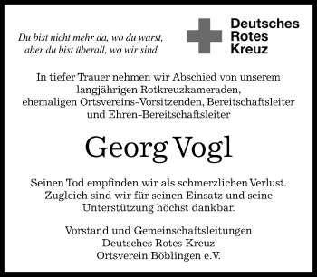 Traueranzeige von Georg Vogl von Kreiszeitung Böblinger Bote