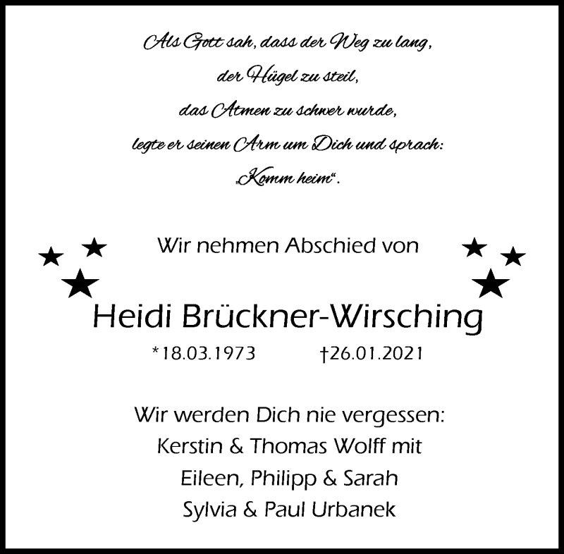  Traueranzeige für Heidi Brückner-Wirsching vom 30.01.2021 aus Kreiszeitung Böblinger Bote