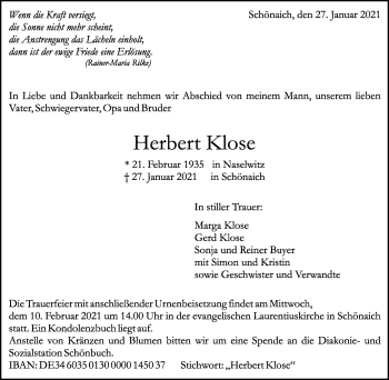 Traueranzeige von Herbert Klose von Kreiszeitung Böblinger Bote