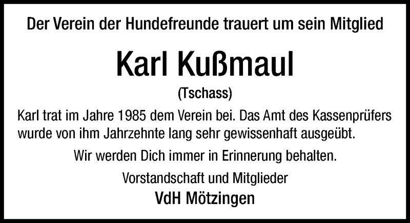  Traueranzeige für Karl Kußmaul vom 28.01.2021 aus Kreiszeitung Böblinger Bote