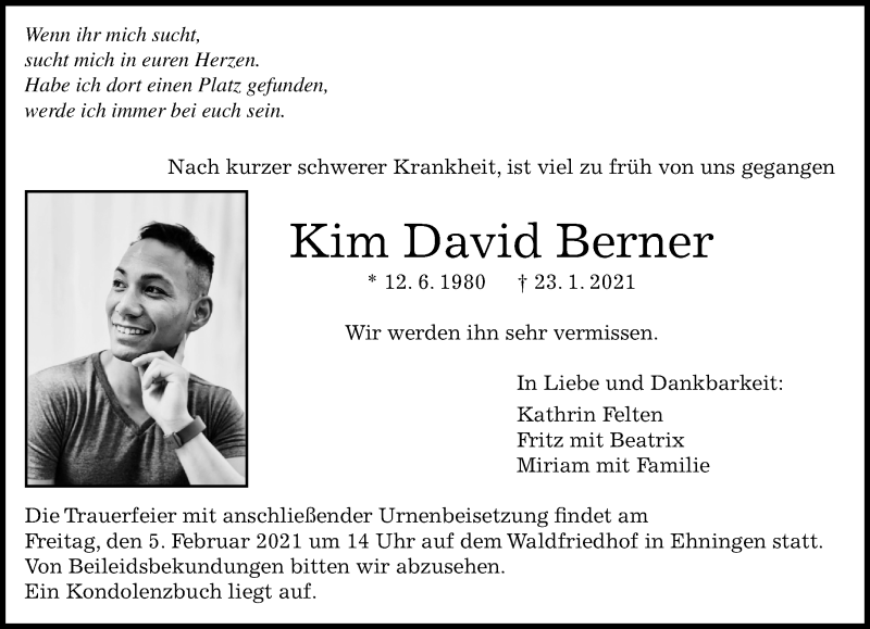  Traueranzeige für Kim David Berner vom 30.01.2021 aus Kreiszeitung Böblinger Bote