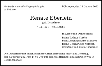 Traueranzeige von Renate Eberlein von Kreiszeitung Böblinger Bote