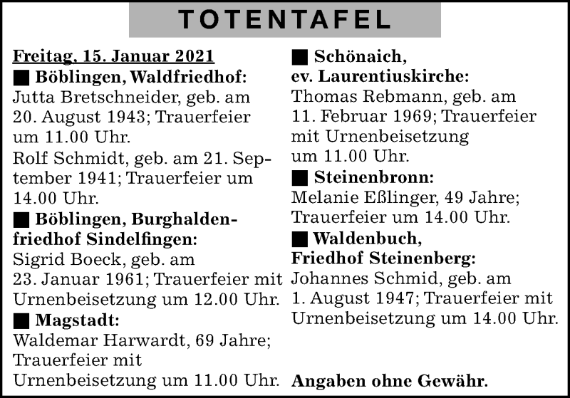  Traueranzeige für Totentafel vom 15.01.2021 vom 15.01.2021 aus Kreiszeitung Böblinger Bote
