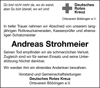 Traueranzeige von Andreas Strohmeier von Kreiszeitung Böblinger Bote