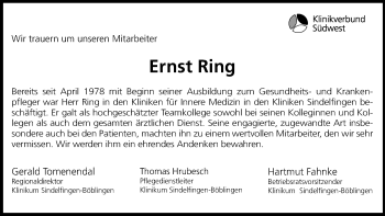 Traueranzeige von Ernst Ring von Kreiszeitung Böblinger Bote
