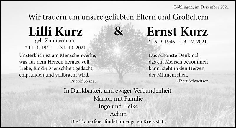  Traueranzeige für Lilli und Ernst Kurz vom 11.12.2021 aus Kreiszeitung Böblinger Bote