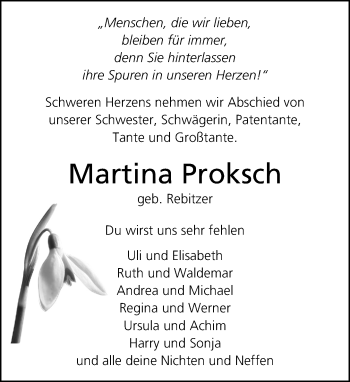 Traueranzeige von Martina Proksch von Kreiszeitung Böblinger Bote