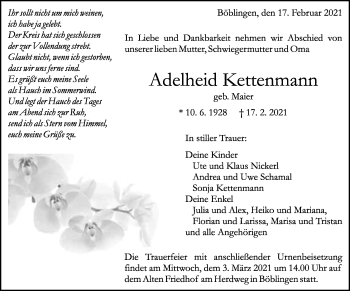 Traueranzeige von Adelheid Kettenmann von Kreiszeitung Böblinger Bote