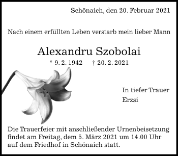 Traueranzeige von Alexandru Szobolai von Kreiszeitung Böblinger Bote