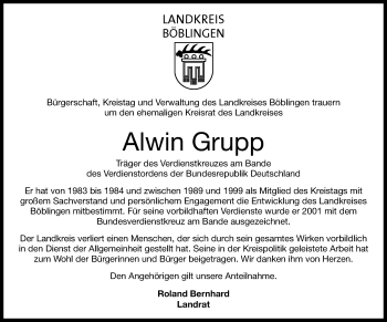 Traueranzeige von Alwin Grupp von Kreiszeitung Böblinger Bote
