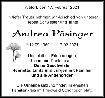 Traueranzeige von Andrea Pösinger von Kreiszeitung Böblinger Bote