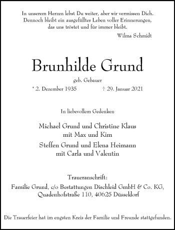 Traueranzeige von Brunhilde Grund von Kreiszeitung Böblinger Bote