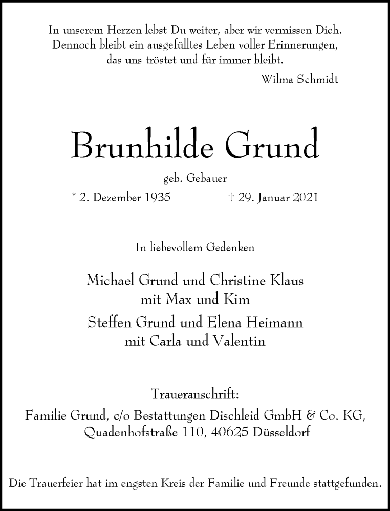  Traueranzeige für Brunhilde Grund vom 13.02.2021 aus Kreiszeitung Böblinger Bote