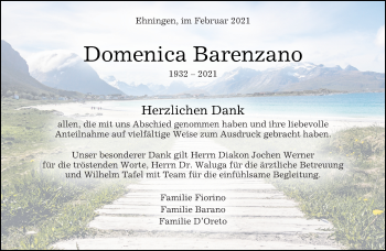 Traueranzeige von Domenica Barenzano von Kreiszeitung Böblinger Bote