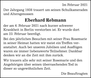 Traueranzeige von Eberhard Rebmann von Kreiszeitung Böblinger Bote