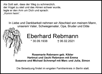 Traueranzeige von Eberhard Rebmann von Kreiszeitung Böblinger Bote
