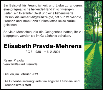 Traueranzeige von Elisabeth Pravda-Mehrens von Kreiszeitung Böblinger Bote