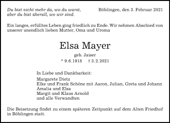Traueranzeige von Elsa Mayer von Kreiszeitung Böblinger Bote