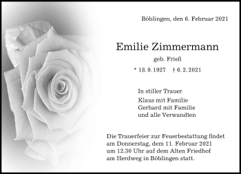 Traueranzeige von Emilie Zimmermann von Kreiszeitung Böblinger Bote