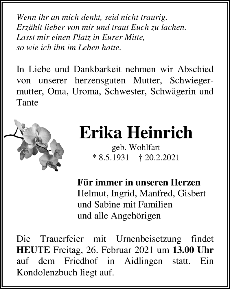  Traueranzeige für Erika Heinrich vom 26.02.2021 aus Kreiszeitung Böblinger Bote