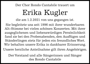 Traueranzeige von Erika Kugler von Kreiszeitung Böblinger Bote
