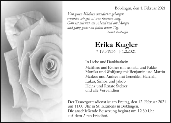 Traueranzeige von Erika Kugler von Kreiszeitung Böblinger Bote