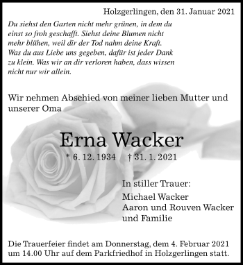 Traueranzeige von Erna Wacker von Kreiszeitung Böblinger Bote