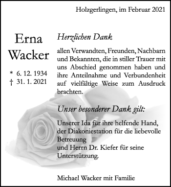 Traueranzeige von Erna Wacker von Kreiszeitung Böblinger Bote